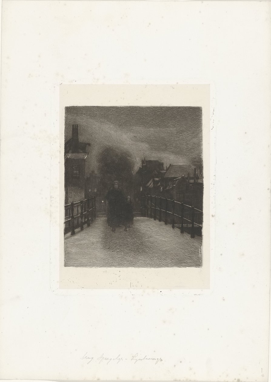 Stará žena s dítětem na mostě Zimní večer (název na objektu) od Ferdinand Oldewelt (signed by artist)