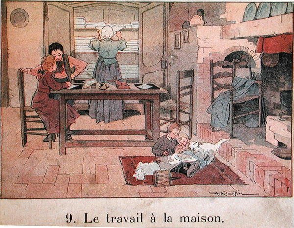 Večerní práce na venkově, ilustrace do školní učebnice, kolem roku 1900 (barevné lito) od Ferdinand Raffin