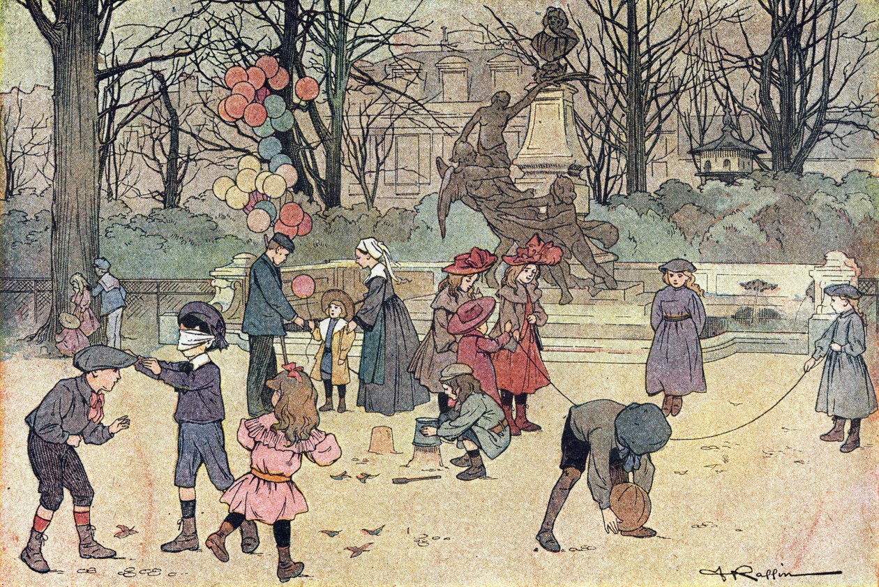 Hry colin-aillarda, skákání přes švihadlo, balón a písek ve veřejné zahradě, v Imagier de l