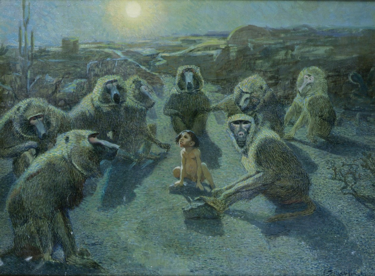 Mauglí v zajetí opice (olej a inkoust na plátně) od Ferdinand Schebek
