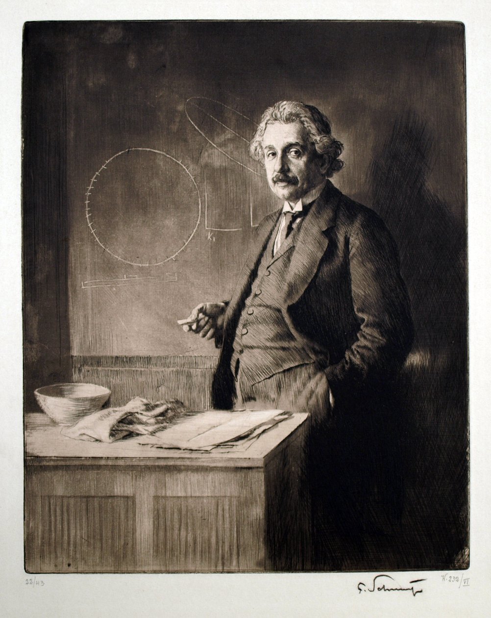 Portrét Alberta Einsteina (1879-1955). Dílo Ferdinanda Schmutzera (1870-1928), rytina od Ferdinand Schmutzer
