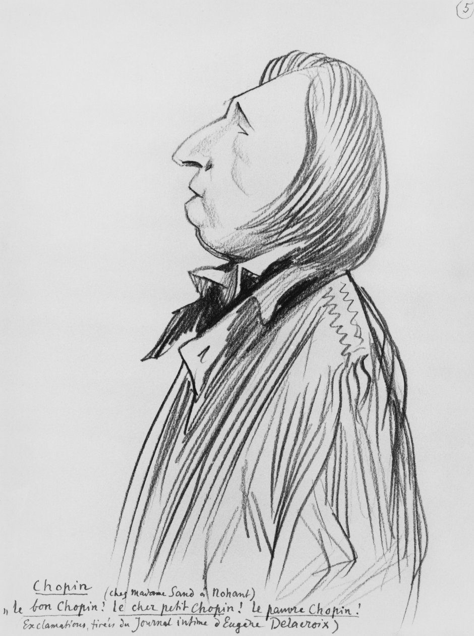 Karikatura Frederica Chopina „u Madame Sandové v Nohantu“, počátek 20. století (tužka na papíře) (černobílá fotografie) od Ferdinand Sigismund Bac