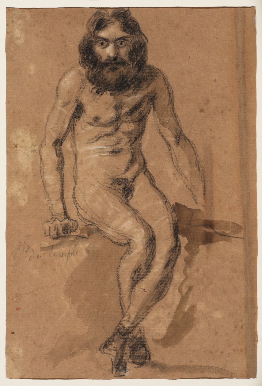 Běžící koně (recto); sedící nahý vousatý muž (verso), asi 1800-1899 (černá a bílá křída (recto), černá a bílá křída a hnědá lazura (verso), na hnědě připraveném hlazeném papíře) od Ferdinand Victor Eugene (after) Delacroix