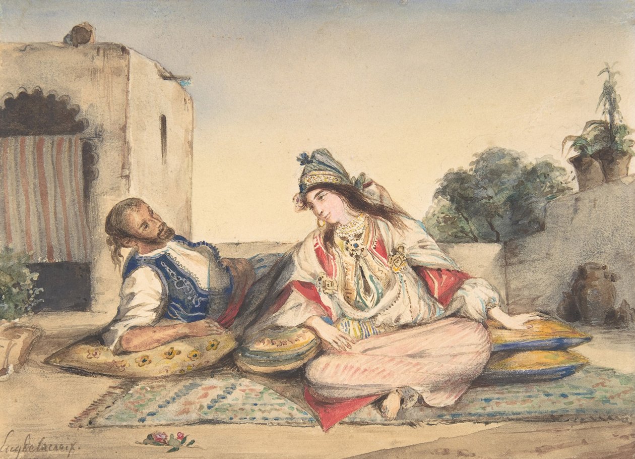 Maurský pár na terase, 1832 (wc přes grafit na tkaném papíře) od Ferdinand Victor Eugene Delacroix