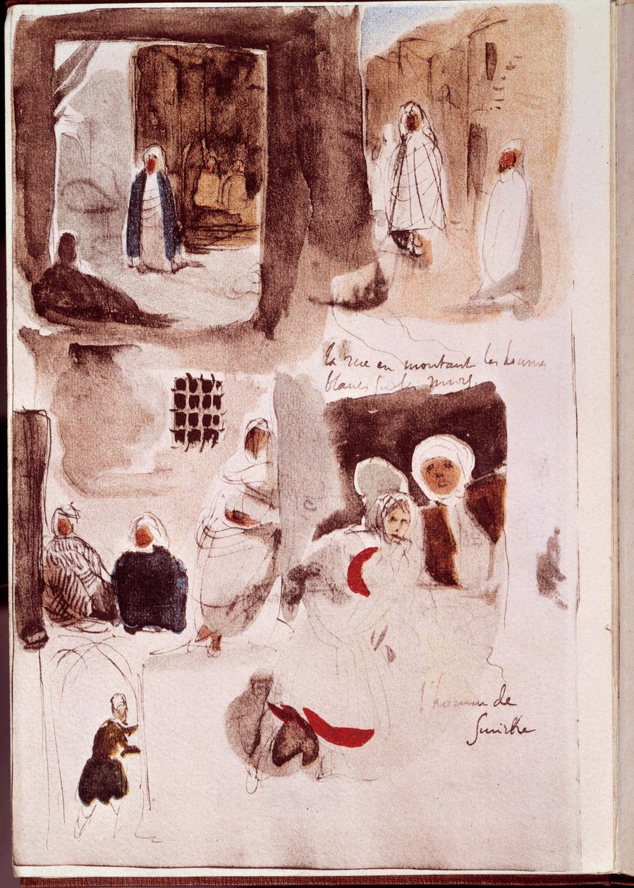 Album ze severní Afriky a Španělska: Ulice, zdi a obchody se stojícími nebo sedícími postavami včetně Smirnova muže. Akvarel s inkoustem a perem od Eugene Delacroix (1798-1863) 1832 Sun. 0,19x0,12 m Paříž, musee du Louvre od Ferdinand Victor Eugene Delacroix
