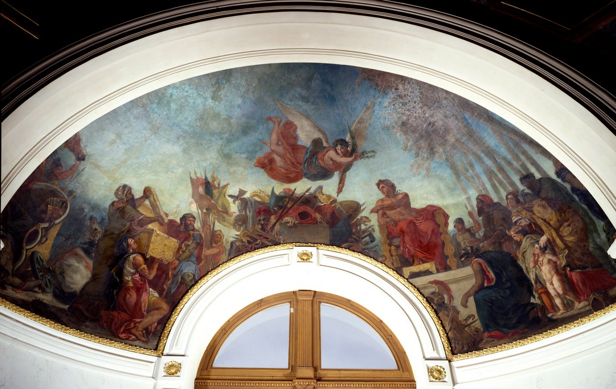 Alexandr Veliký (356-323 př. n. l.) zhotovující Homérova díla uzamčená ve zlaté kazetě. Kopule knihovny Senat v Palais du Luxembourg v Paříži. Obraz Eugene Delacroix (1798-1863) od Ferdinand Victor Eugene Delacroix