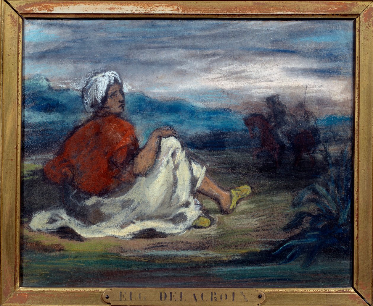 Arab sedící na venkově na okraji silnice Pastelový obraz Eugena Delacroixe (1798-1863) Soukromá sbírka z 19. století od Ferdinand Victor Eugene Delacroix