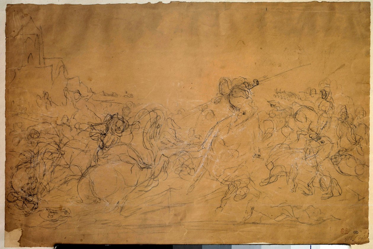 Bitevní scéna Kresba na lososovém papíře Eugene Delacroix (1798-1863) Slunce 19. století. 0,30 x 0,45 m. Paříž, muzeum Louvre od Ferdinand Victor Eugene Delacroix