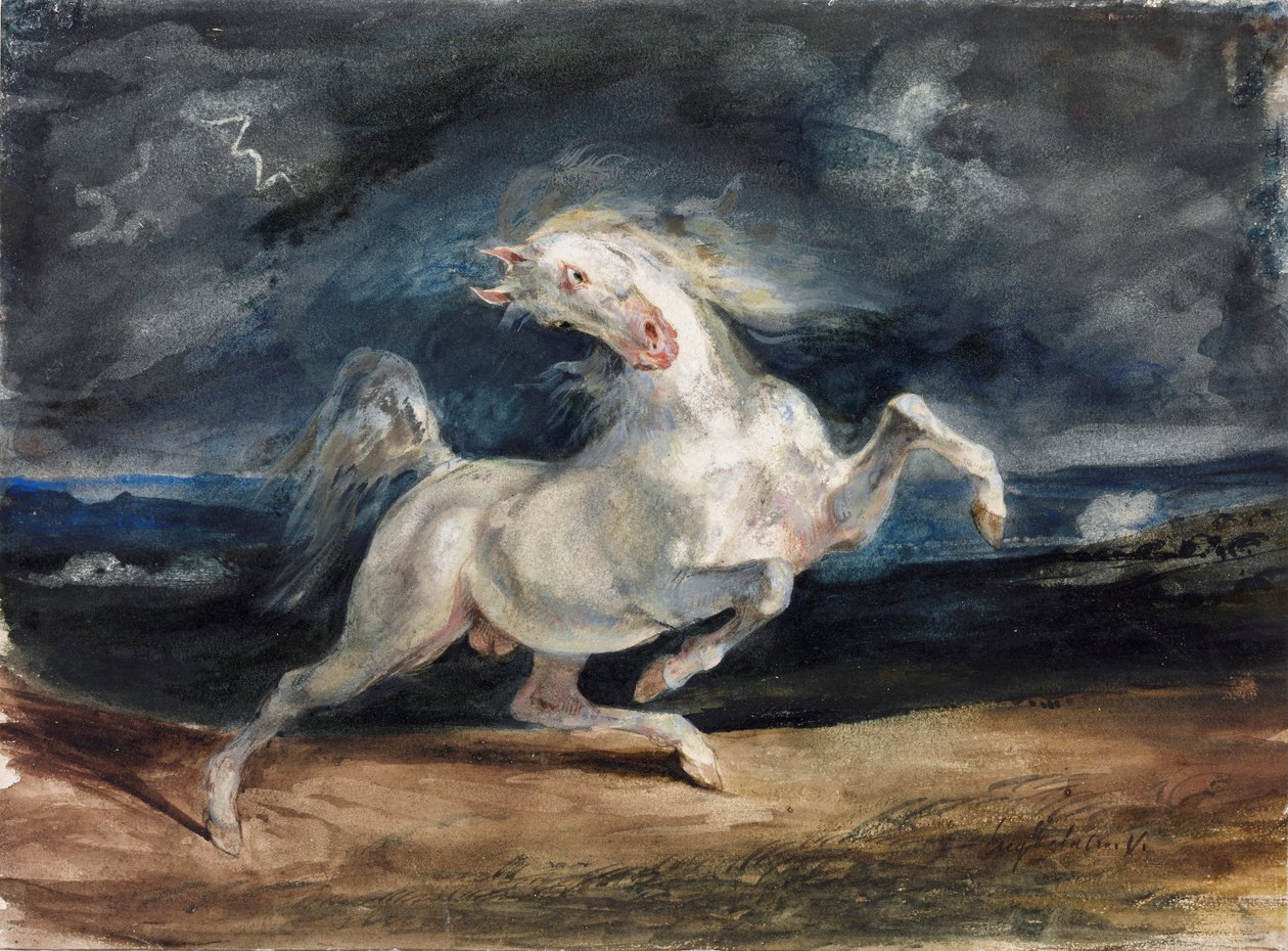 Cheval effraye par la foudre - Kůň vystrašený bleskem - Delacroix, Eugene (1798-1863) - 1825-1829 - Akvarel, kvaš na papíře - 23,6x32 - Szepmuveszeti Muzeum, Budapešť od Ferdinand Victor Eugene Delacroix