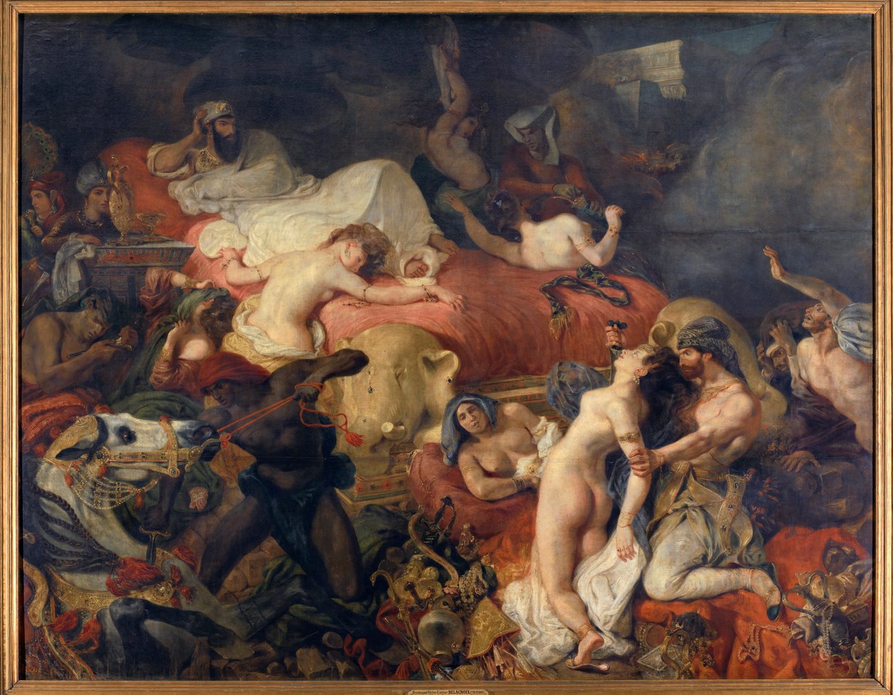 Smrt Sardanapale. Sardanapale, asyrský král obležený povstáními, nechal porazit své ženy a koně, než se zabil. Obraz Eugene Delacroix (1798-1863) od Ferdinand Victor Eugene Delacroix