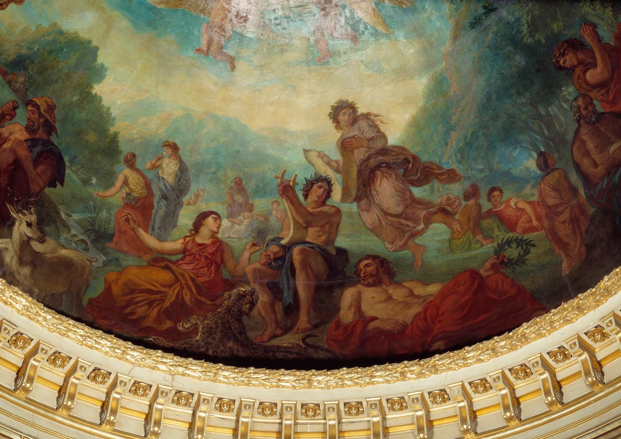 Sestup do Limbes: “” Orphee, Sapho (Sappho) vlevo a múza”” Detail obrazu Eugena Delacroixe (1798-1863) zdobícího kupoli bibliotéky Senátu, asi 1845. Palais du Luxembourg, Paříž od Ferdinand Victor Eugene Delacroix