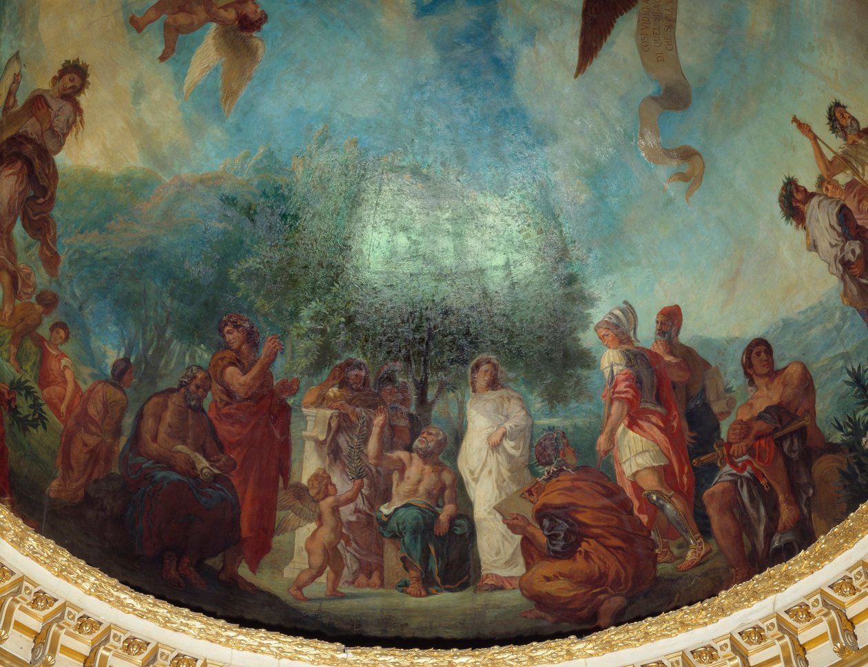 Sestup do Limbes: skupina slavných: zleva doprava, Demosthene (sedící), Xenofónt, Platón a Sokrates, Aspasie (bílá), Apelle, Alexandr Veliký, Aristoteles a Achilles sedící. Obraz od Eugena Delacroixe (1798-1863) zdobící kupoli od Ferdinand Victor Eugene Delacroix