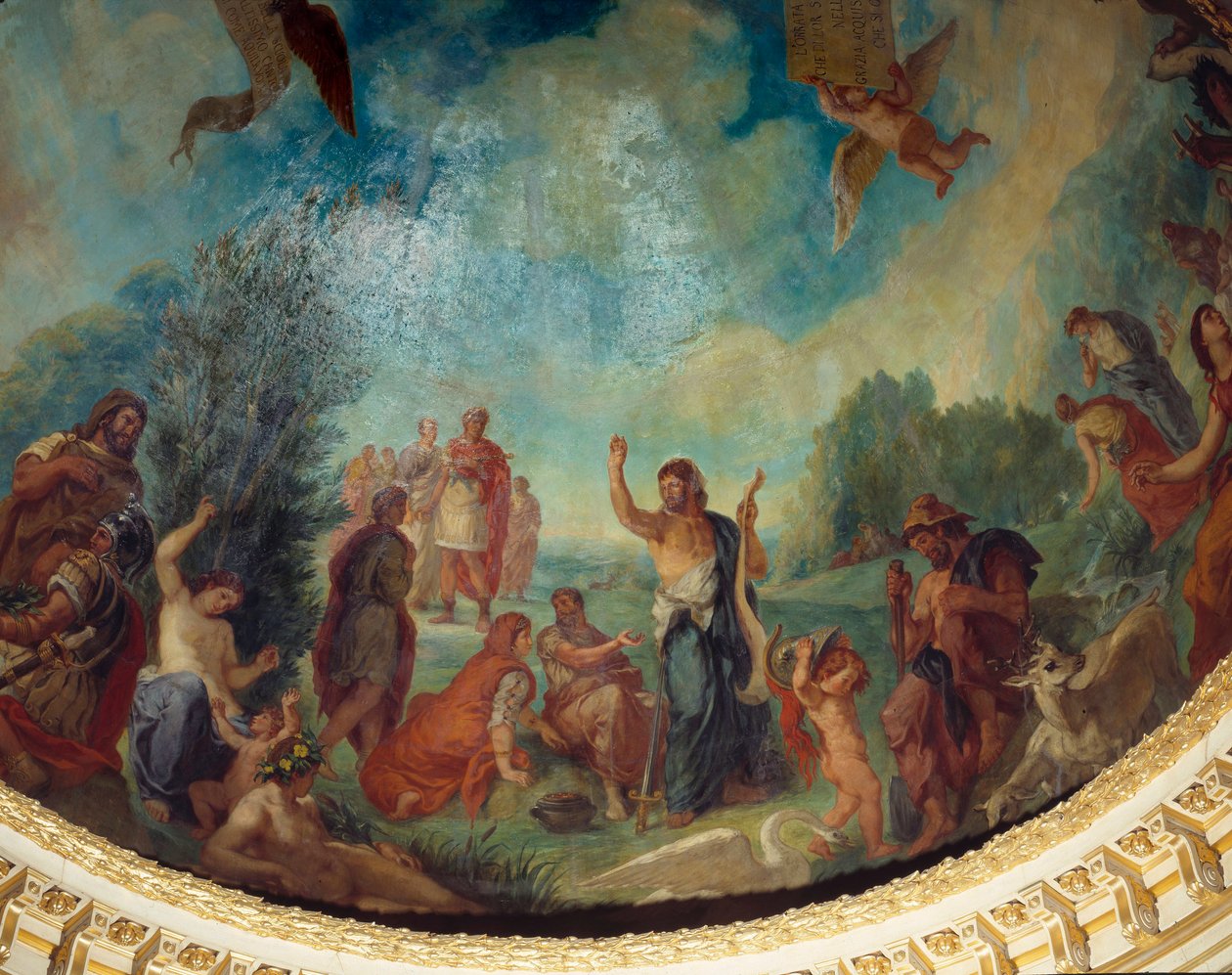 Sestup do Limba: skupina Římanů. Zleva doprava Pyrrhus, Hannibal, Trajan, Ciceron, Porcia, Jules cesar (v pozadí), Marc Aurele, Caton d