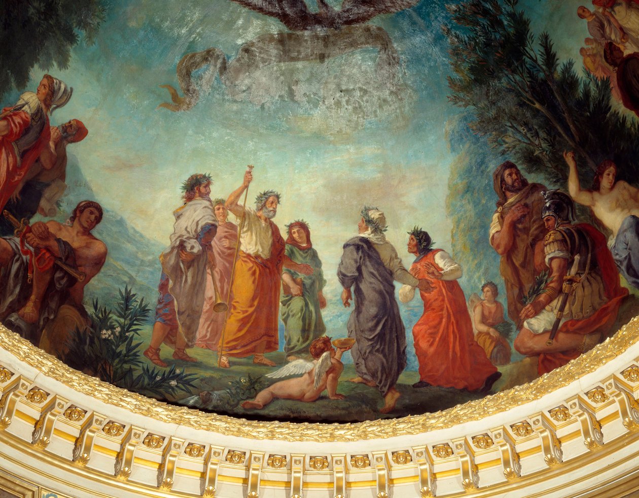 Sestup do limba: „“ Řecký básník Homér, obklopený básníky Ovidiem, Staceem a Horaciem, vítá Danta, kterého přivedl Virgil. Pyrrhus se svými zbraněmi doprovází Hannibala““ Detail obrazu Eugena Delacroixe (1798-1863) zdobícího kupoli od Ferdinand Victor Eugene Delacroix