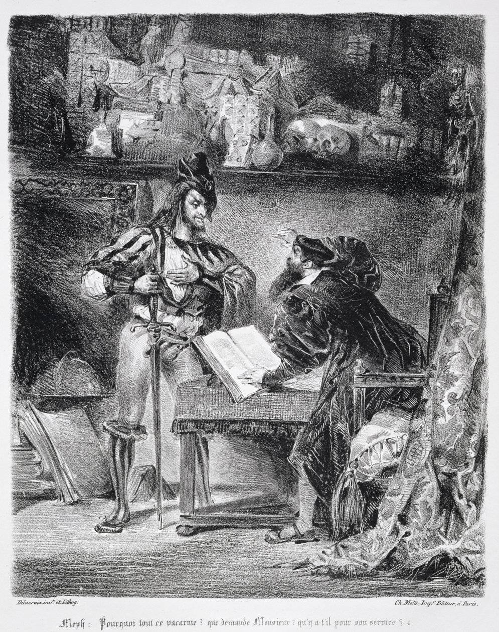 První setkání mezi Faustem a Mefistofelem: „Proč všechen ten hluk“, z Goethova Fausta, 1828, (ilustrace) (č. foto litografie) od Ferdinand Victor Eugene Delacroix