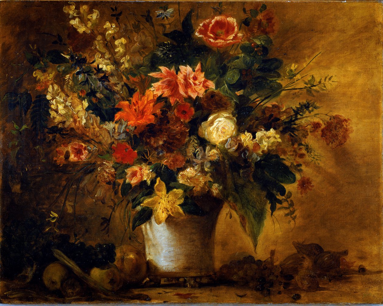 Květiny a ovoce Kytice květin ve váze z gresu. Obraz Eugene Delacroix (1798-1863) 1843 cca. Slunce. 74x93 cm Vienna Kunsthistorisches Museum, Neue Gallery od Ferdinand Victor Eugene Delacroix