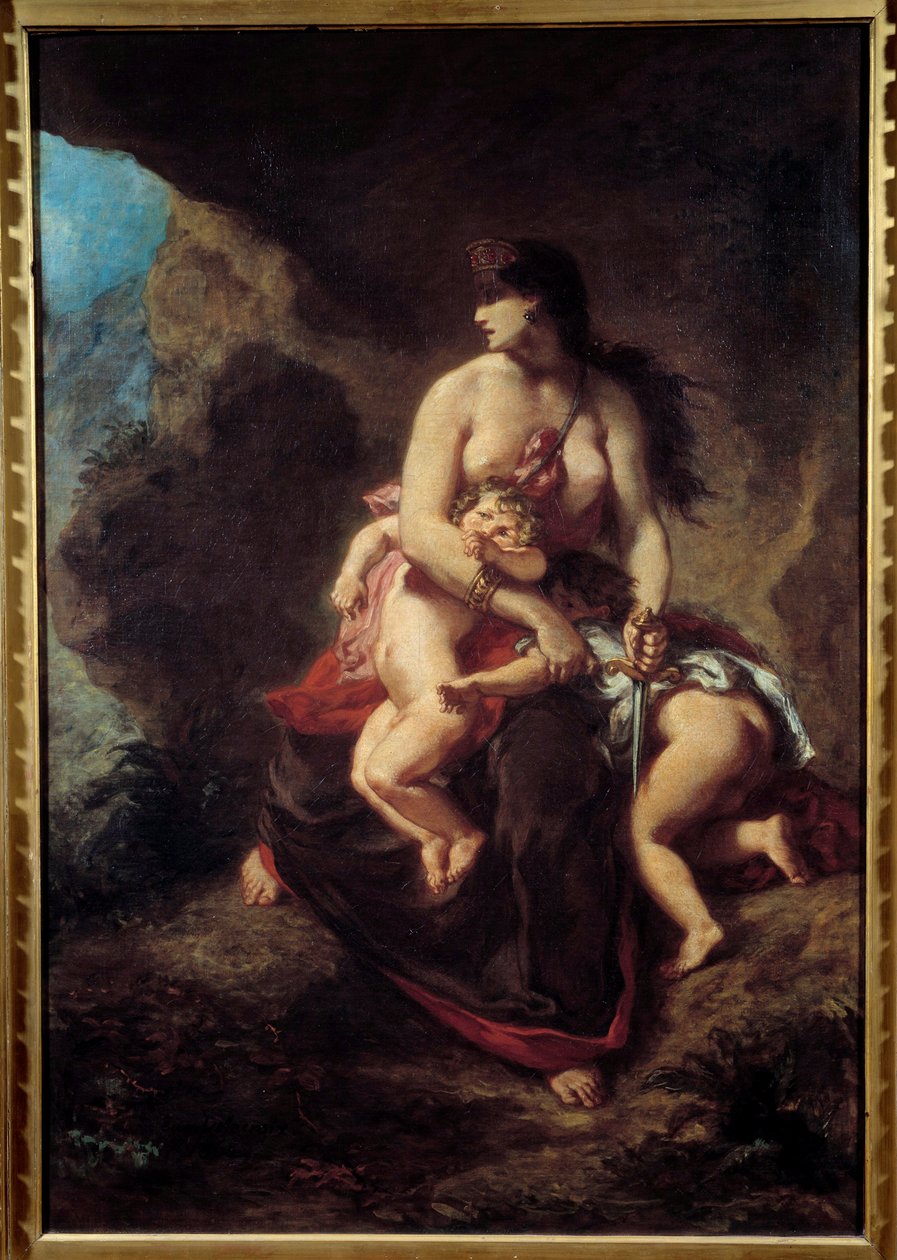 Zuřivá Medee Medee zavraždí své dvě děti v jeskyni. Obraz Eugene Delacroix (1798-1863) od Ferdinand Victor Eugene Delacroix