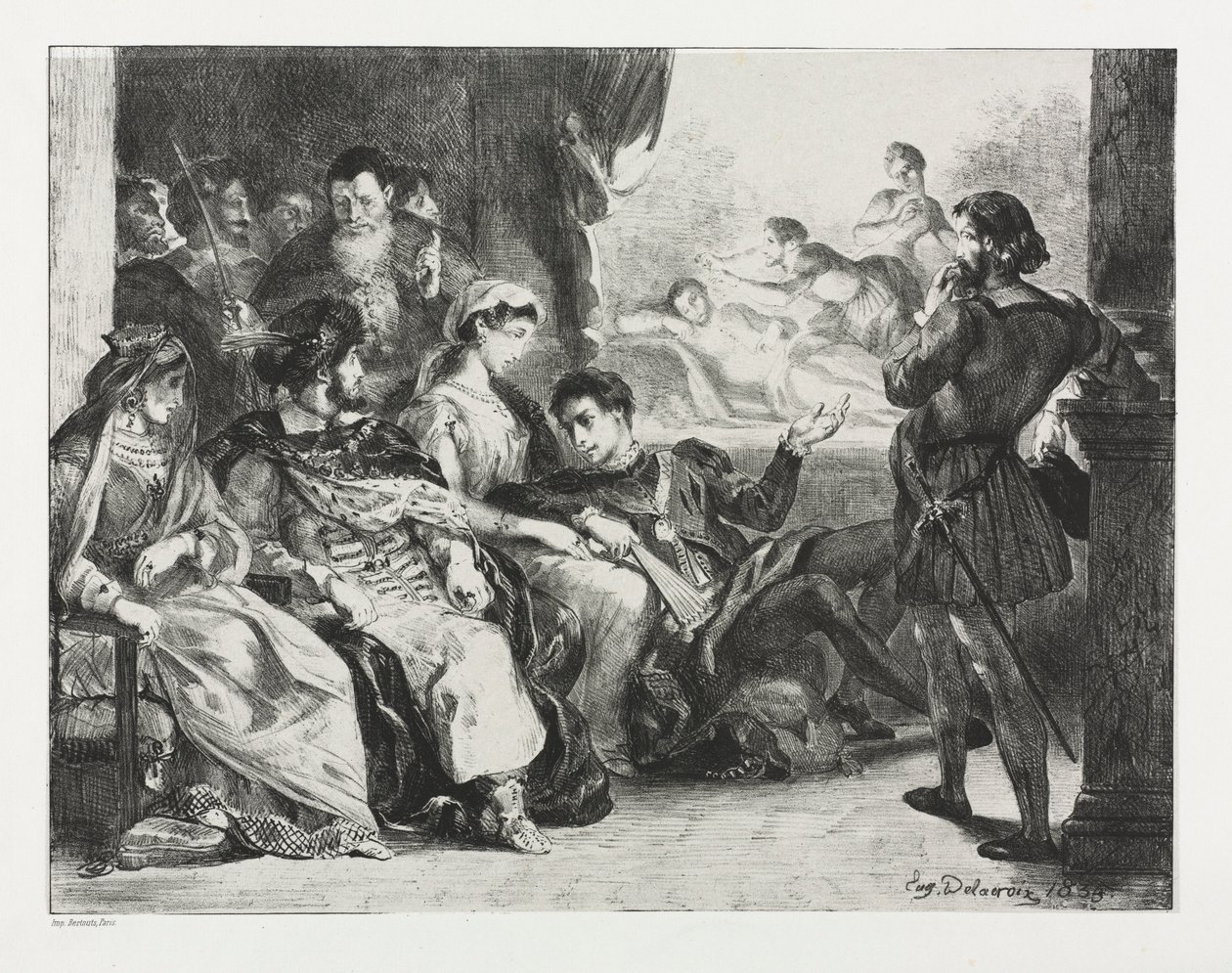 Hamlet: Hamlet přikazuje hercům udělat scénu z otravy jeho otce, 1834. od Ferdinand Victor Eugene Delacroix