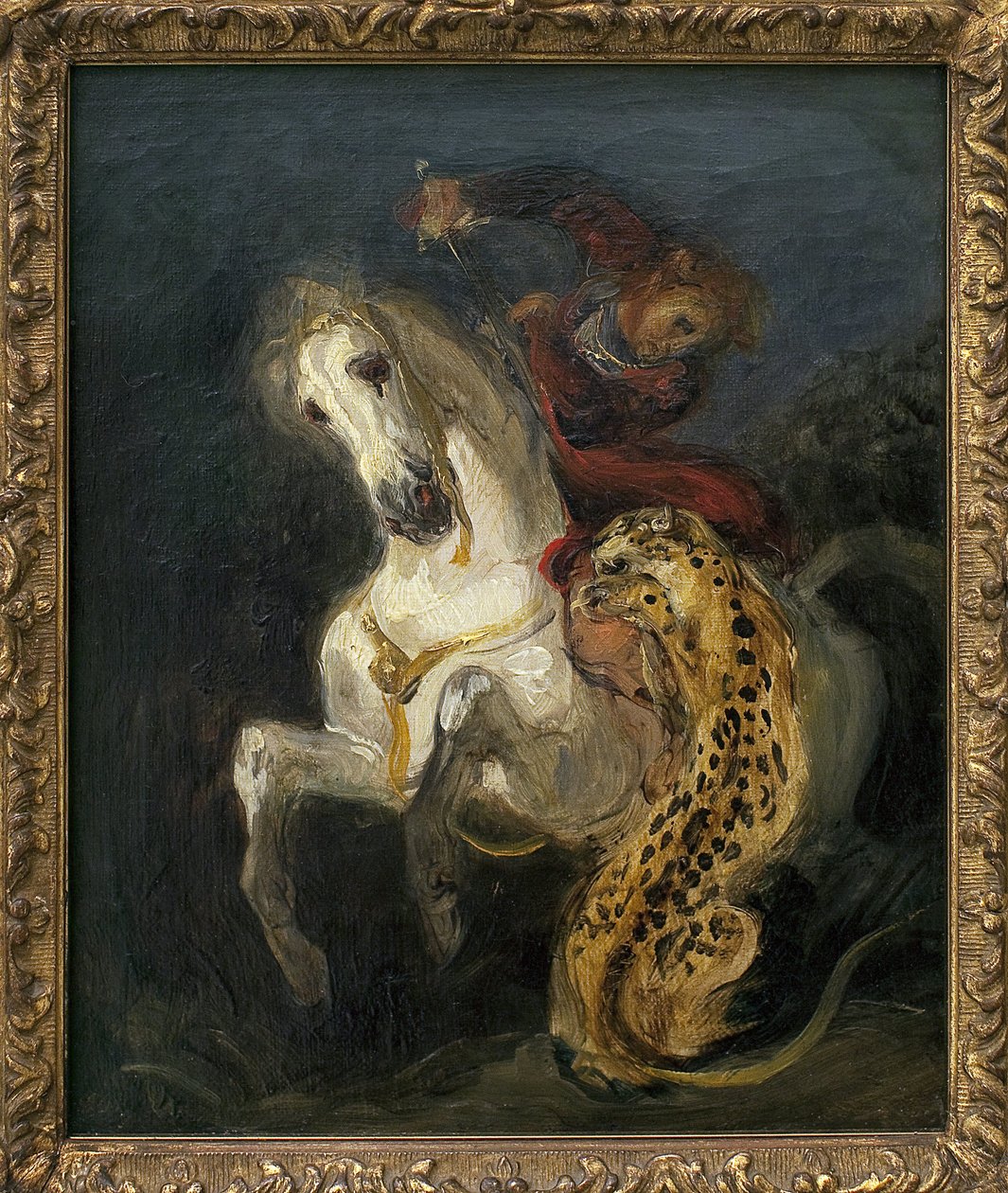 Jaguár útočí na jezdce. Obraz Eugene Delacroix (1798-1863), Olej na plátně od Ferdinand Victor Eugene Delacroix