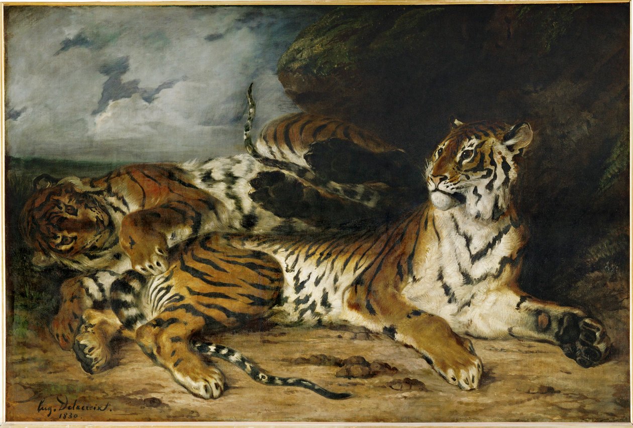 Mladý tygr si hraje s matkou ... od Ferdinand Victor Eugene Delacroix