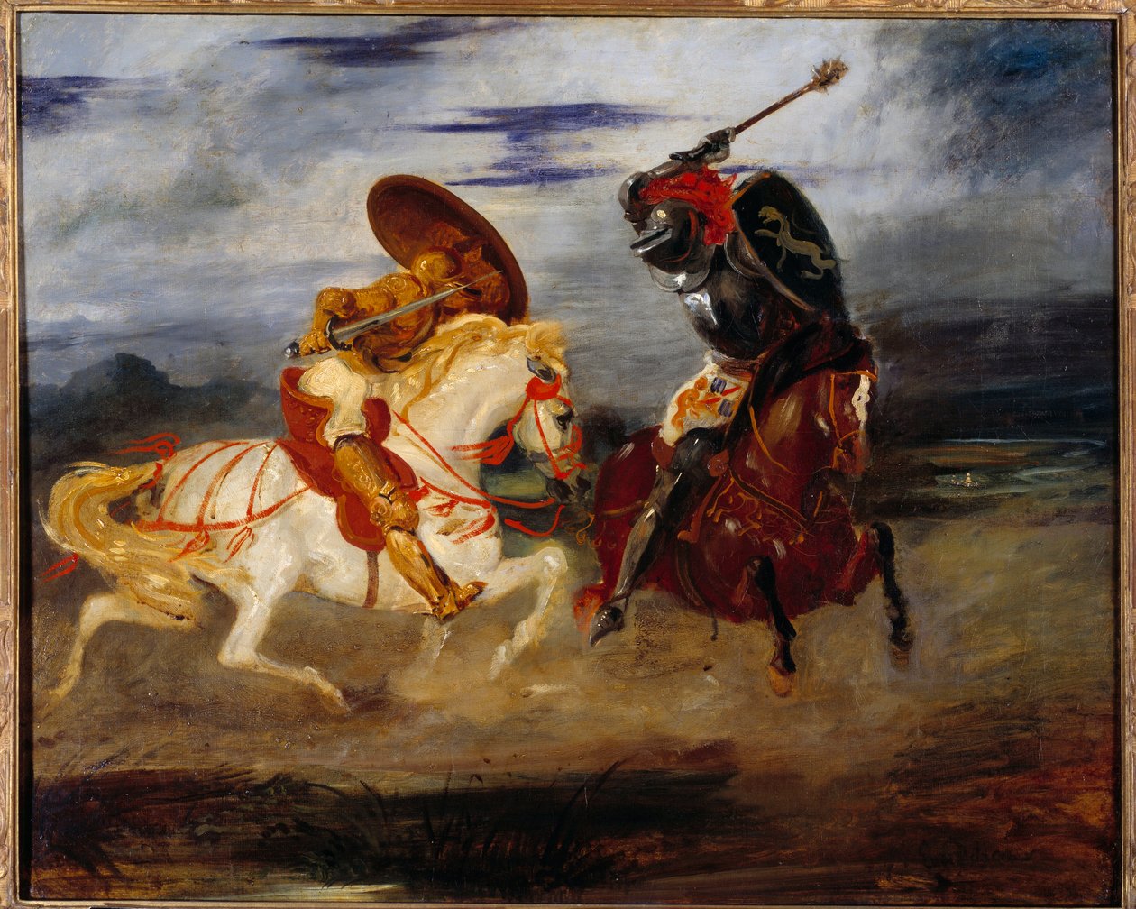 Rytíři bojují na venkově. Obraz Eugene Delacroix (1798-1863) od Ferdinand Victor Eugene Delacroix