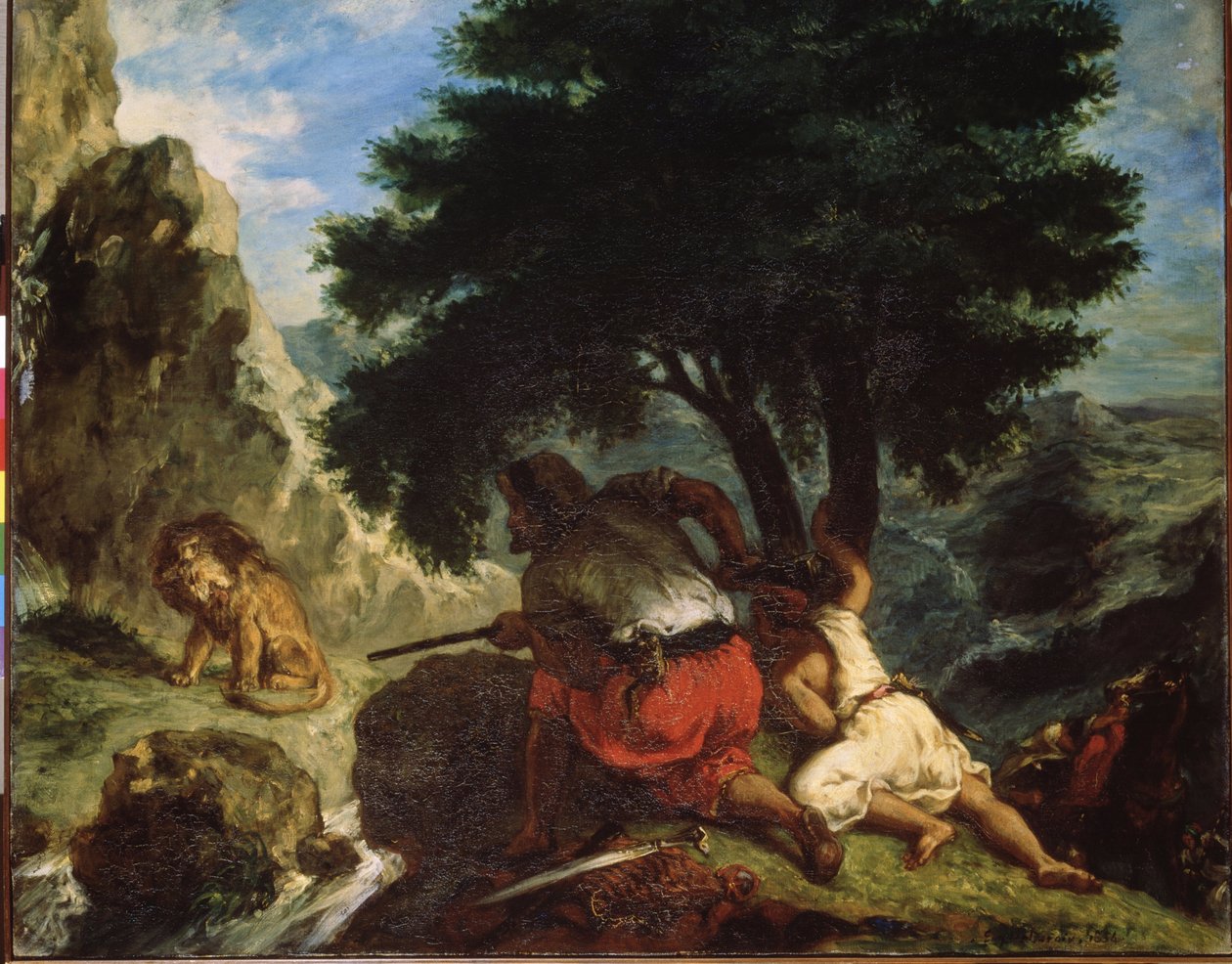 ""Lov na lva v Maroku"" (Lov na lva v Maroku) Obraz Eugene Delacroix (1798-1863) 1854 Orientalismus Rozměr. 74x92 cm Muzeum Ermitáž, Petrohrad od Ferdinand Victor Eugene Delacroix