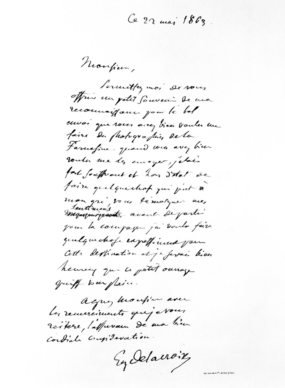 Dopis podepsaný Eugenem Delacroixem, francouzským romantickým umělcem, 1863 od Ferdinand Victor Eugene Delacroix