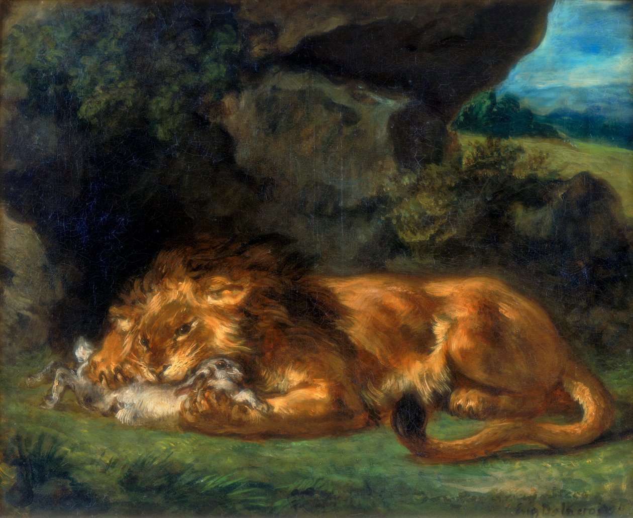 Lev požírající králíka, 19. století od Ferdinand Victor Eugene Delacroix