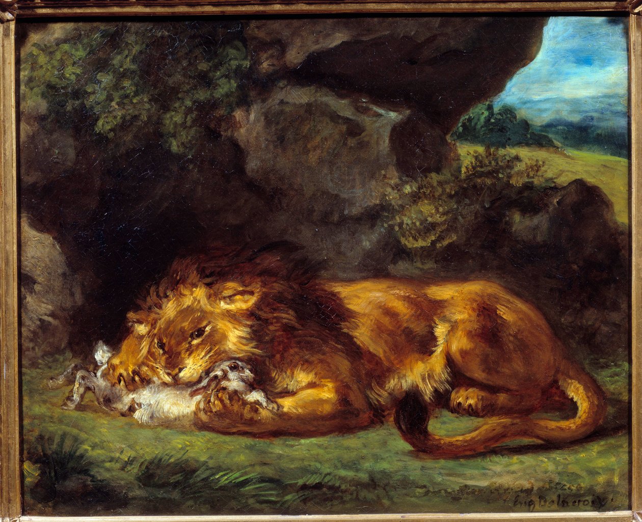 Lev bije králíka. Obraz Eugene Delacroix (1798-1863) od Ferdinand Victor Eugene Delacroix