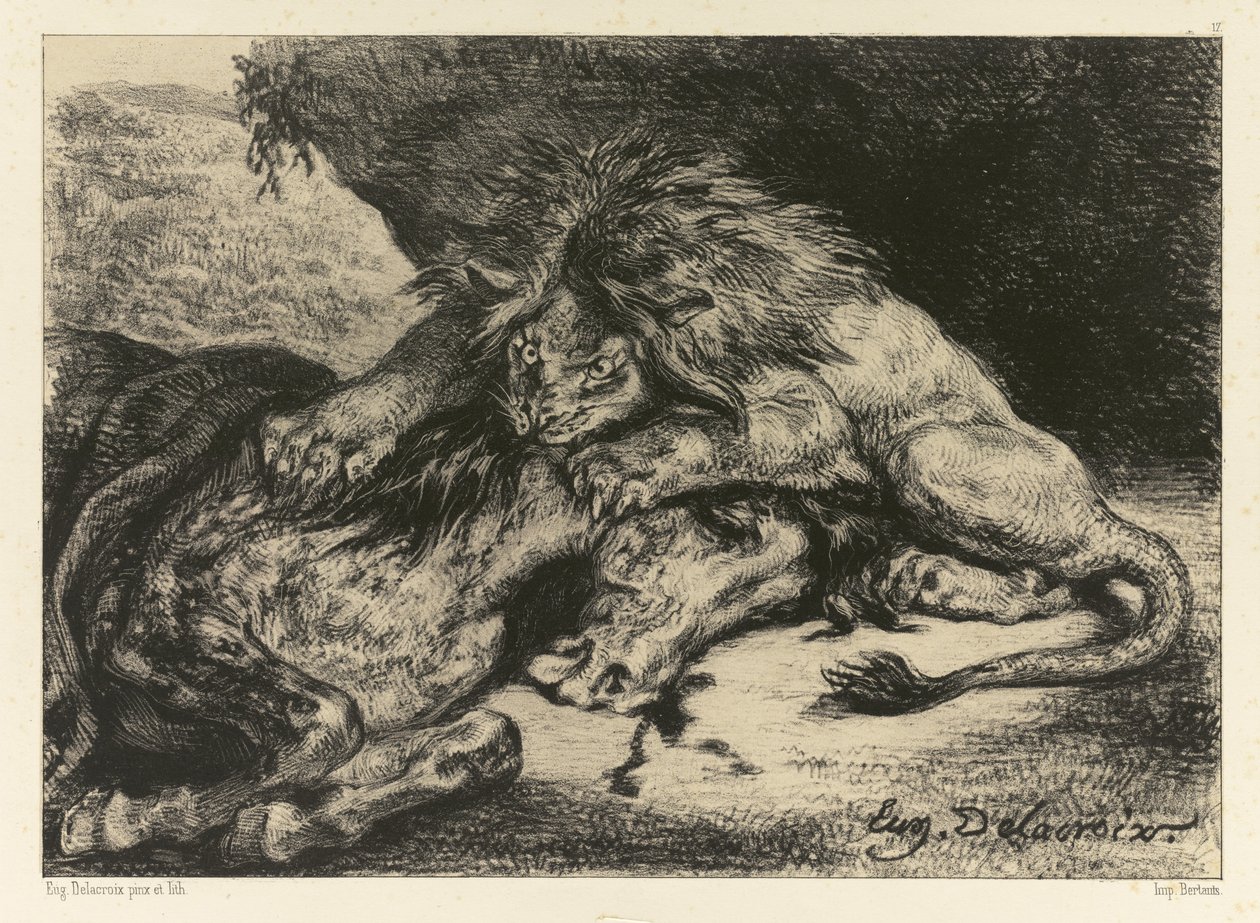Lev požírající koně, 1844 od Ferdinand Victor Eugene Delacroix