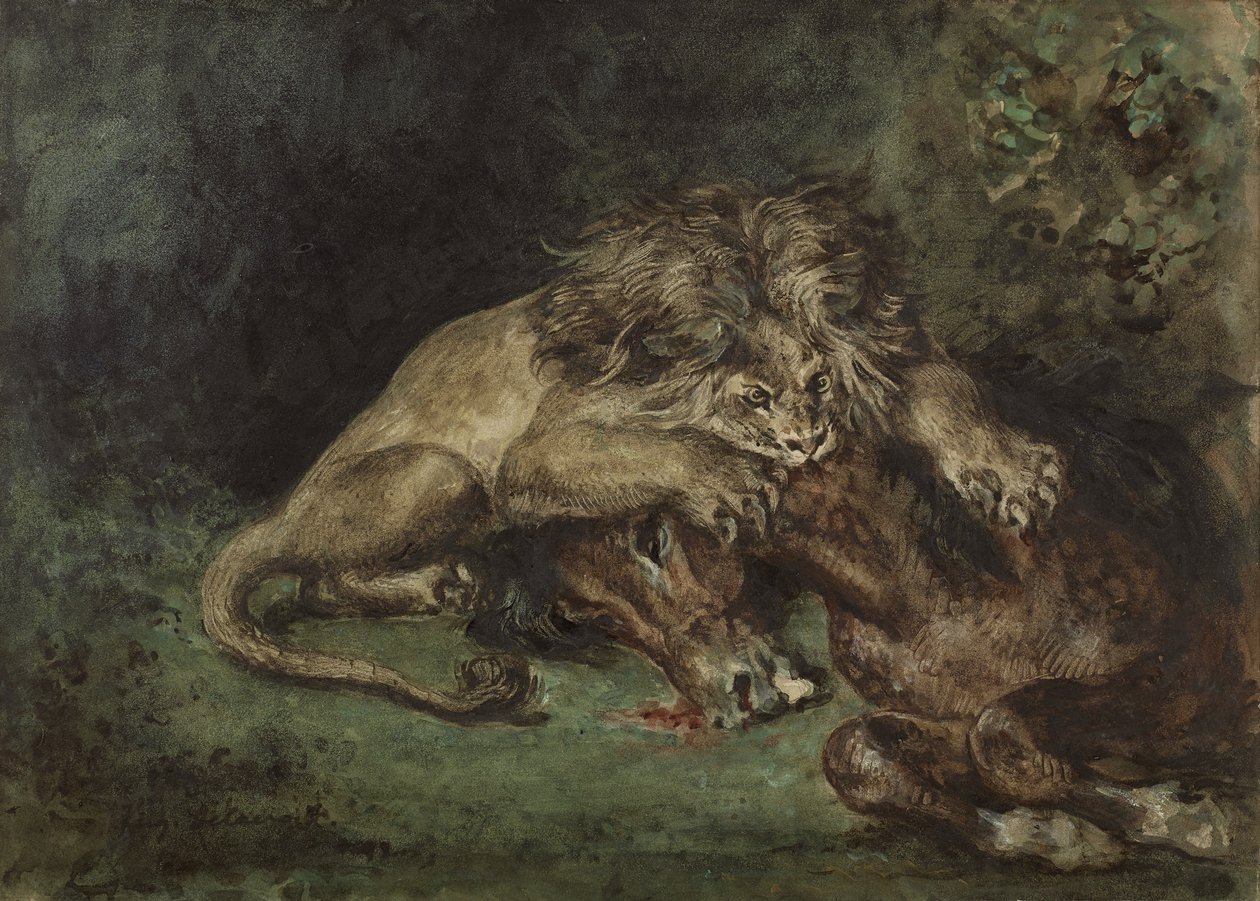 Lion dévorant un cheval (Lev požírající koně), c. 1844 (akvarel, tělová barva a arabská guma s grafitem na papíře, nalepeno na desku) od Ferdinand Victor Eugene Delacroix