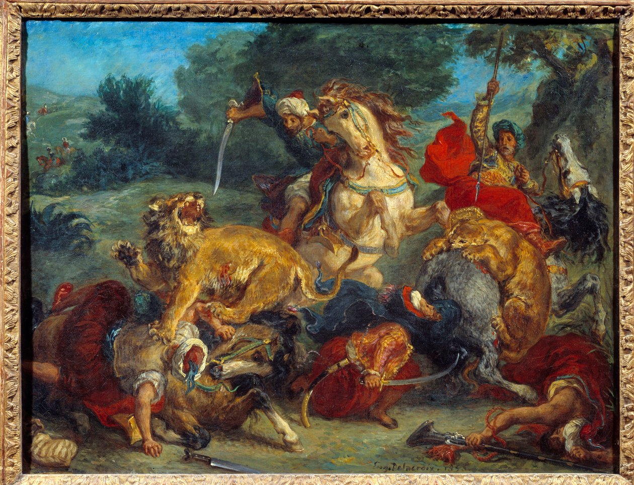 Lov na lvy. Obraz Eugene Delacroix (1798-1863) od Ferdinand Victor Eugene Delacroix