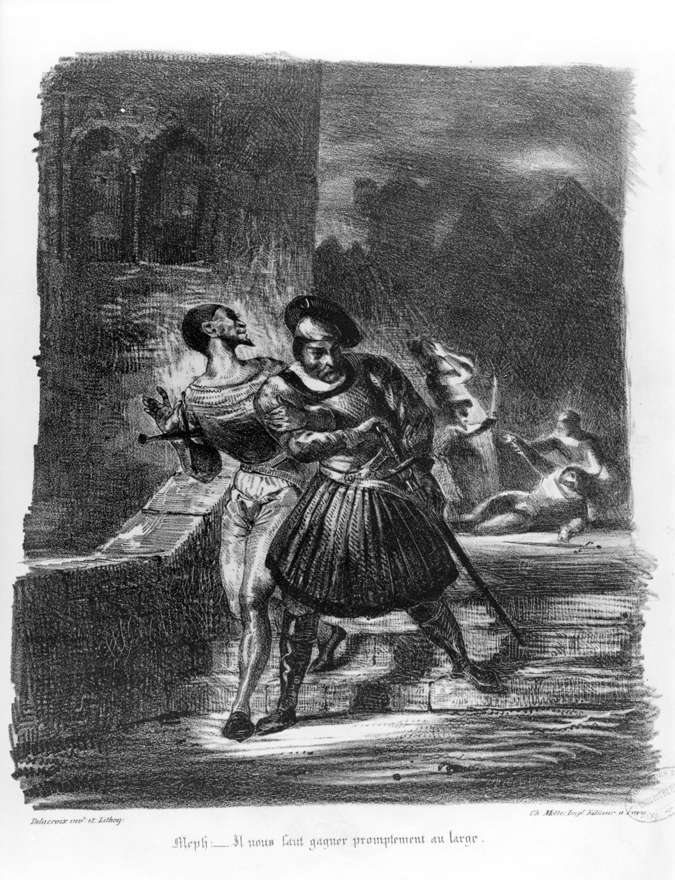 Mefistofeles a Faust na útěku po smrti Valentýna, z Goethova Fausta, 1828, (ilustrace), (č. foto litografie) od Ferdinand Victor Eugene Delacroix