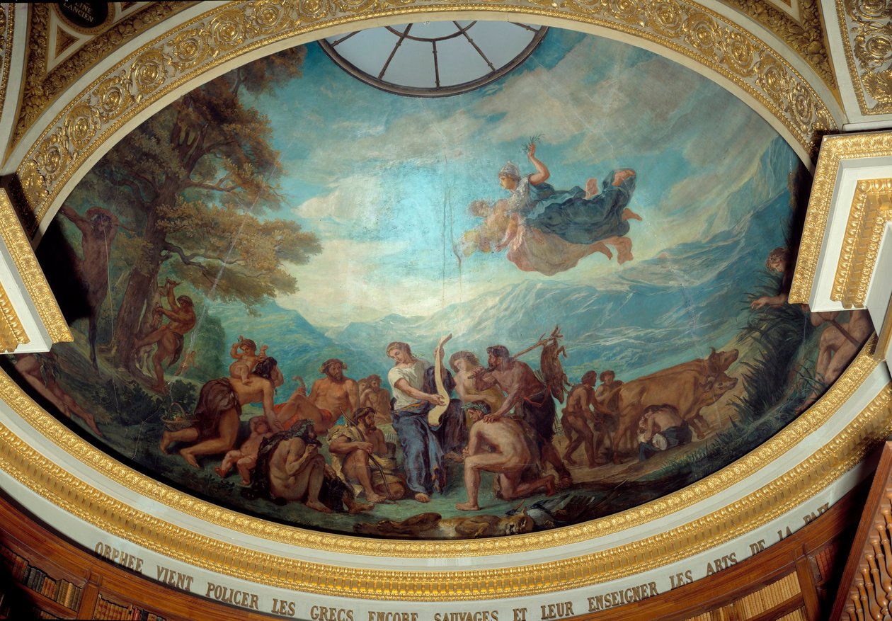 Orphee přichází hlídat stále divoké Řeky a učit umění míru Freska od Eugena Delacroixe (1798-1863) zdobící kopuli knihovny Národního shromáždění (Palais Bourbon) 1843 Paříž od Ferdinand Victor Eugene Delacroix