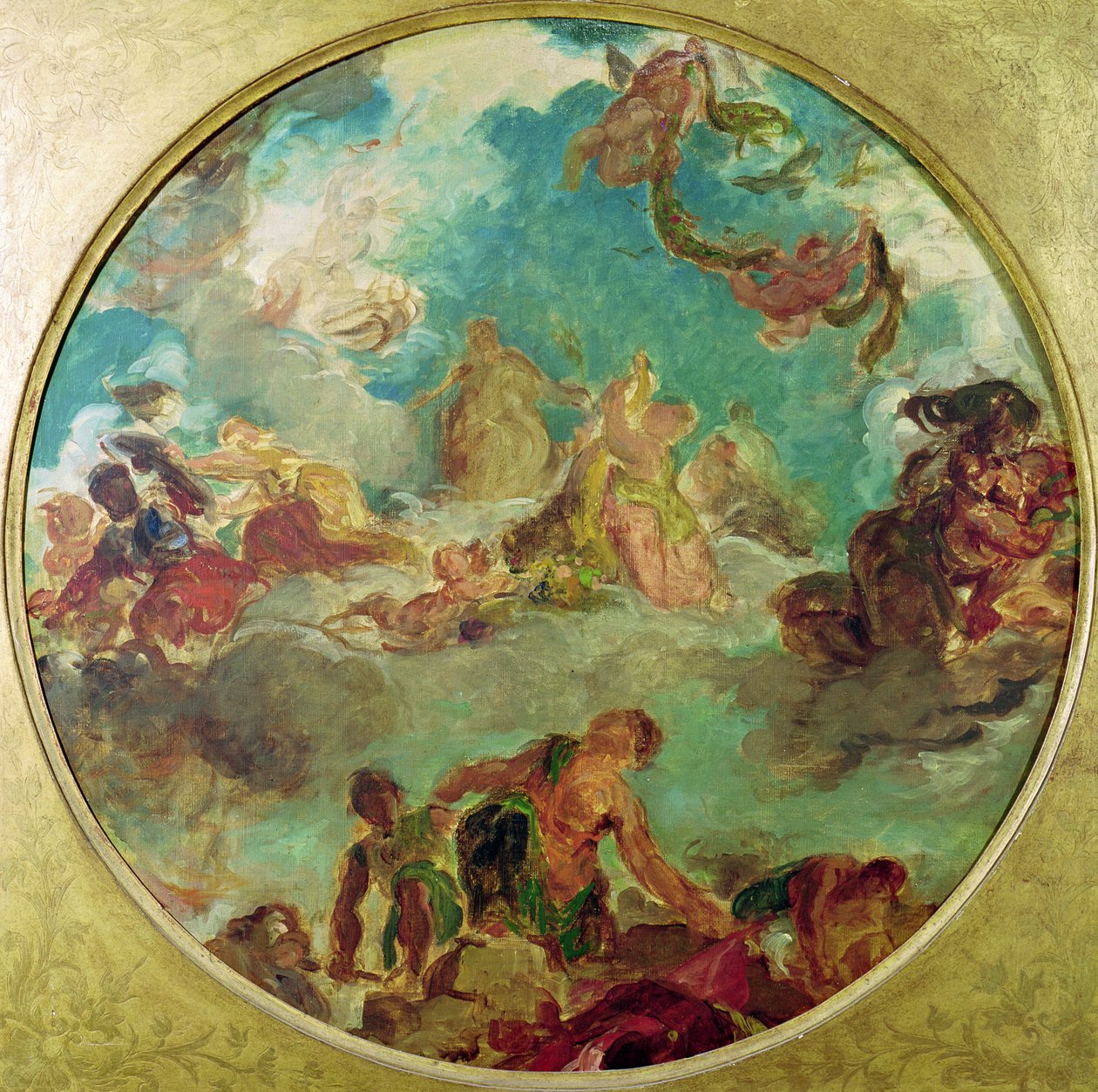 Mír sestupující na Zemi, studie pro centrální strop Salon de la Paix v Hotel de Ville zničený v roce 1871 během komuny od Ferdinand Victor Eugene Delacroix