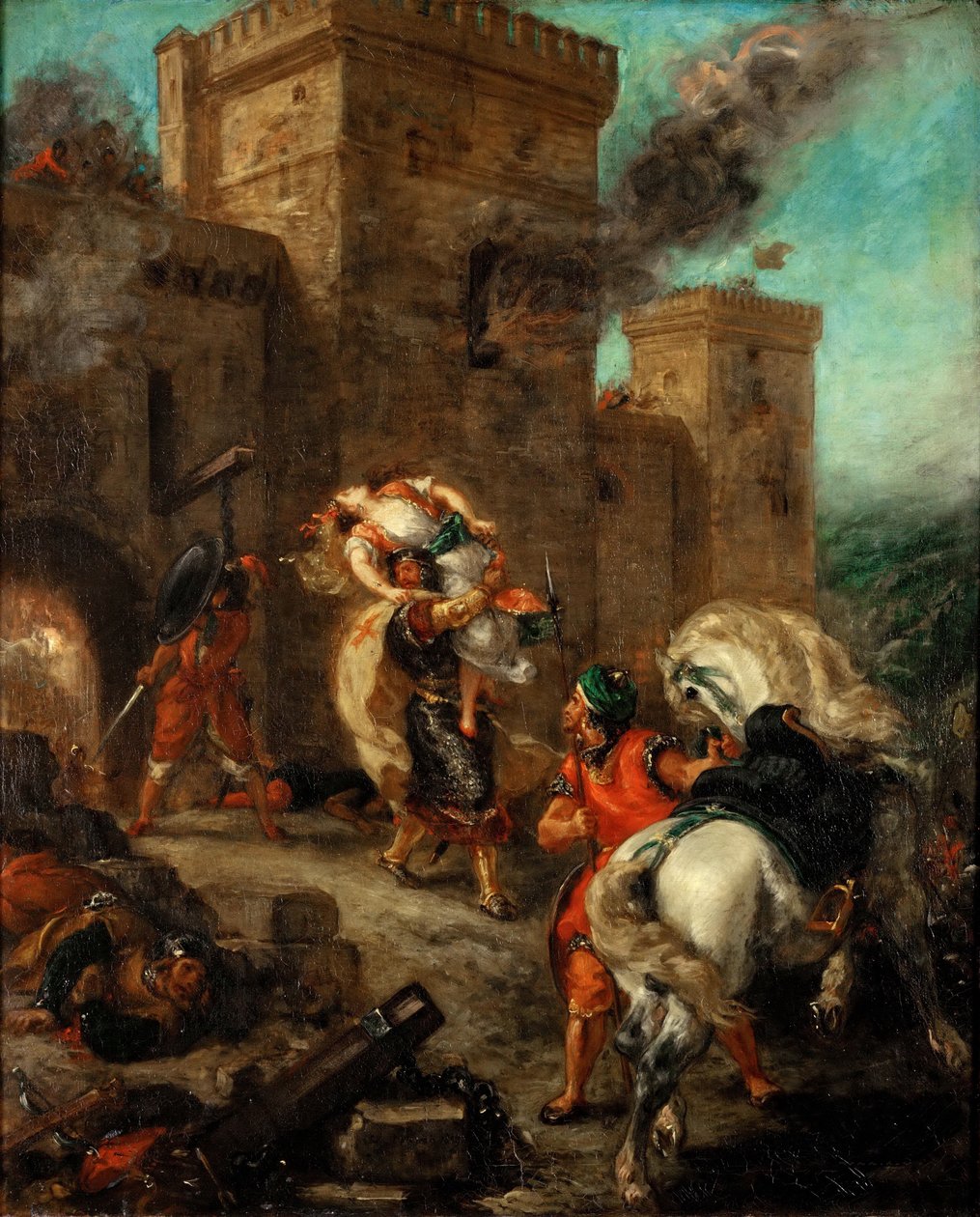 Rebecca znásilněna templářským rytířem během plenění hradu Frondeboeuf od Ferdinand Victor Eugene Delacroix