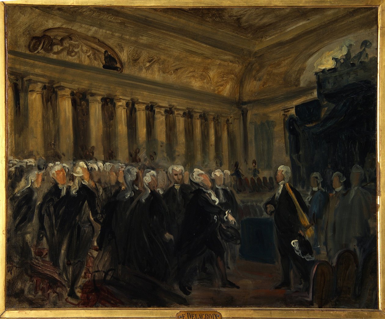 Francouzská revoluce, Ústavodárné shromáždění 1789: Honore Gabriel (Honore-Gabriel) Riqueti, Comte de Mirabeau (1749-1791) před Monsieur de Henri Evrard (Henri-Evrard), Marquis de Dreux Breze (Dreux-Breze) (1762-1829) (při Poslanecké sněmovně, od Ferdinand Victor Eugene Delacroix