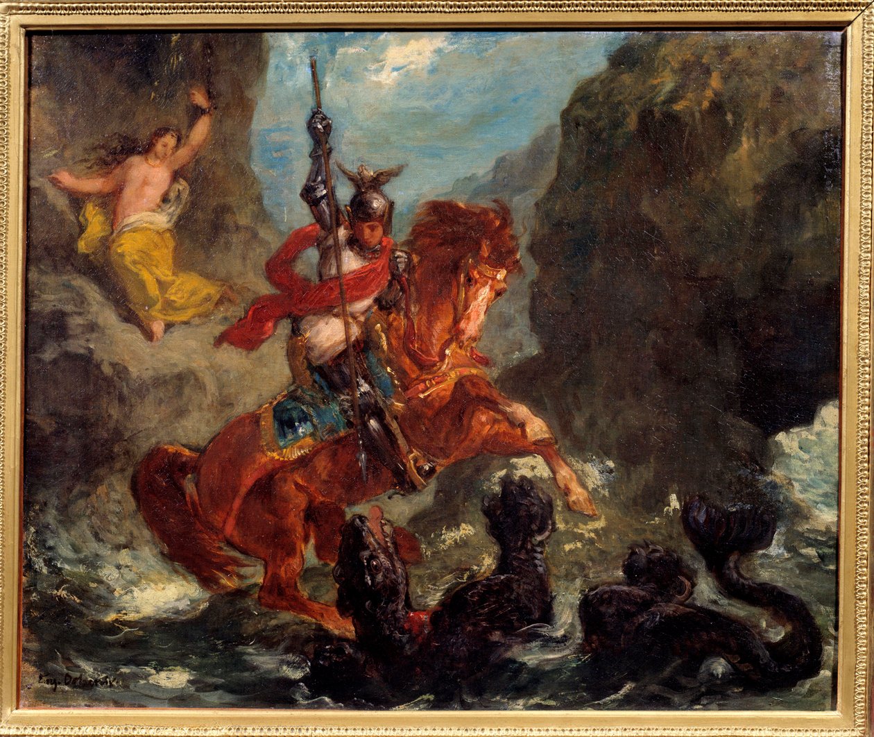 Roger delivrant Angelique (Angelica) dodaná netvorovi piráty je vysvobozena Rogerem (Ruggero, Ruggiero) jede na hipogryfovi - Ilustrace pro „Zuřivý Roland““ (Orlando Furioso) od Ludovica Ariosta (Ariosto) - Obraz Eugene Delacroix ( od Ferdinand Victor Eugene Delacroix