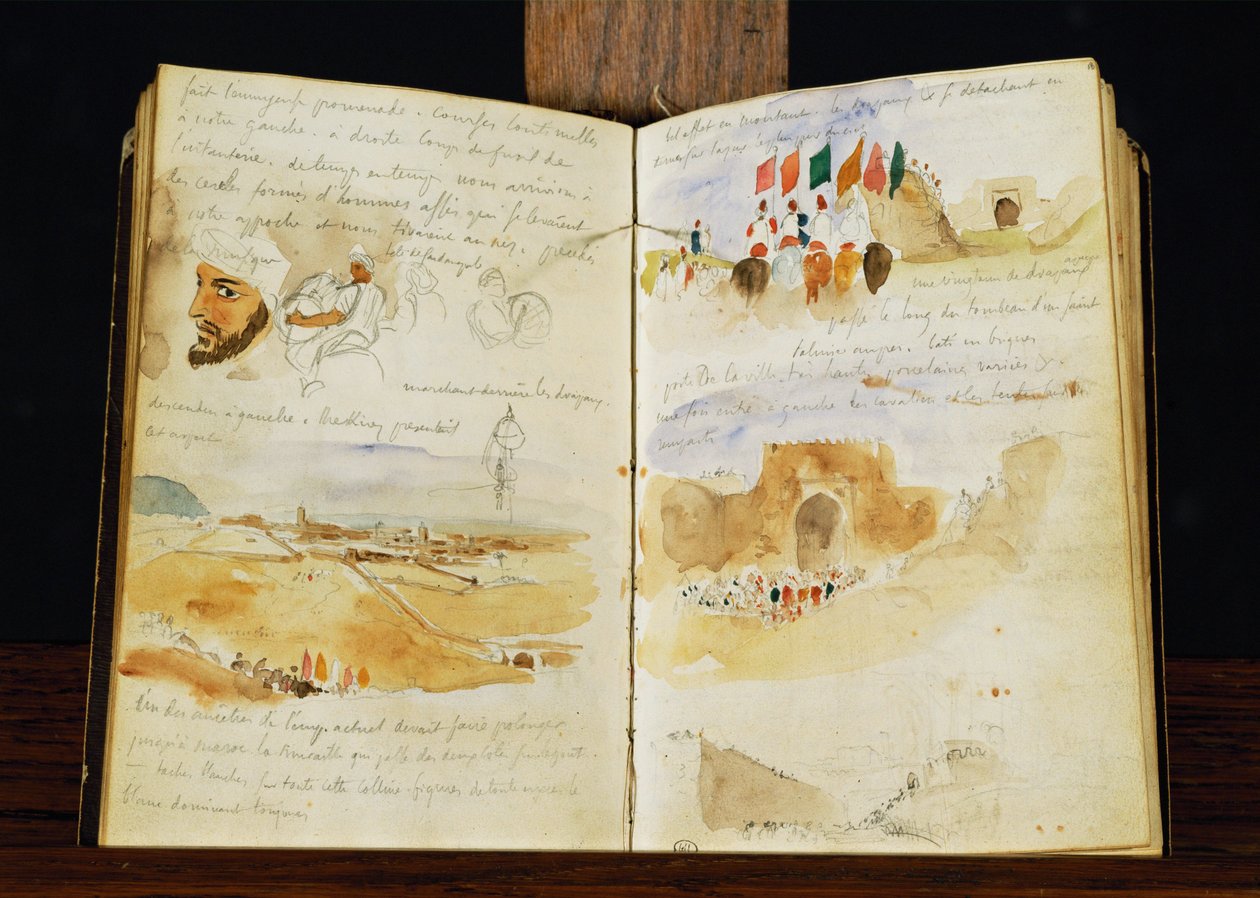 Skicy Arabů, krajiny Maroka, arabské davy, brána Meknesu a ručně psané poznámky ... od Ferdinand Victor Eugene Delacroix
