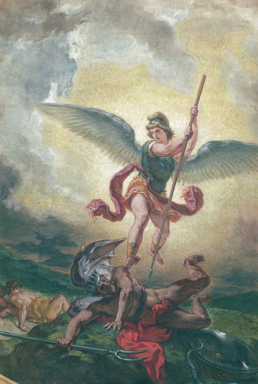 St. Michael bojující s drakem, detail, kaple des Saints-Anges 1849-1861 (olej a vosk na omítce) od Ferdinand Victor Eugene Delacroix