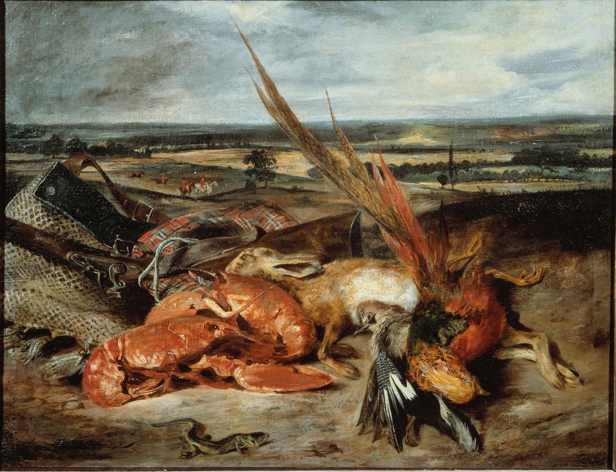Zátiší s humry a trofejemi z lovu a rybolovu - olej na plátně od Ferdinand Victor Eugene Delacroix