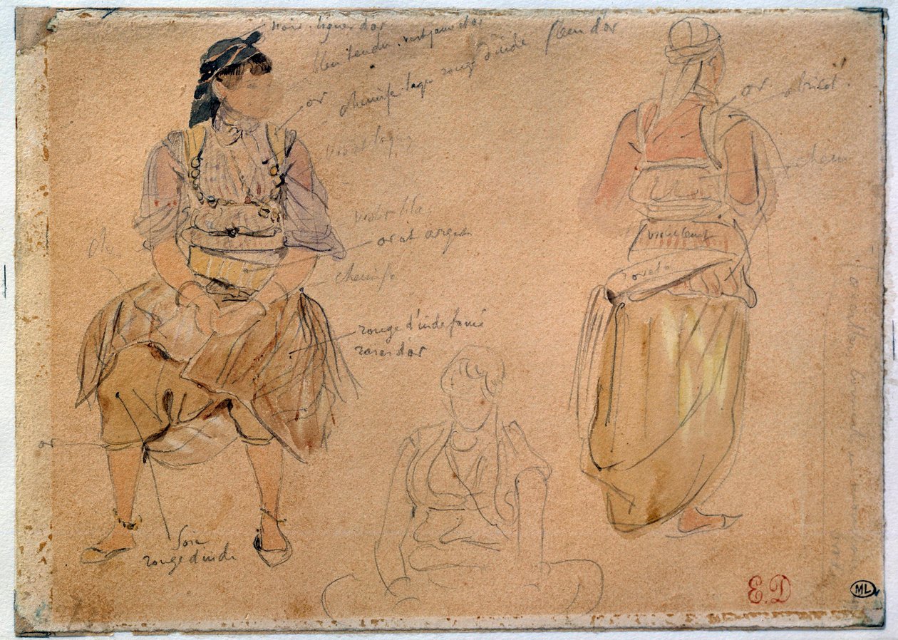 Studie arabských žen Kreslení olověného dolu s akvarely od Eugene Delacroix (1798-1863) 1832 Paříž, Muzeum Louvre od Ferdinand Victor Eugene Delacroix