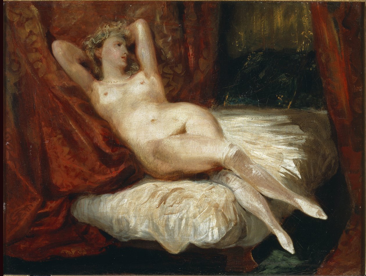 Studie nahé ženy ležící na gauči uvedla, že žena s bílými punčochami - olej na plátně od Ferdinand Victor Eugene Delacroix