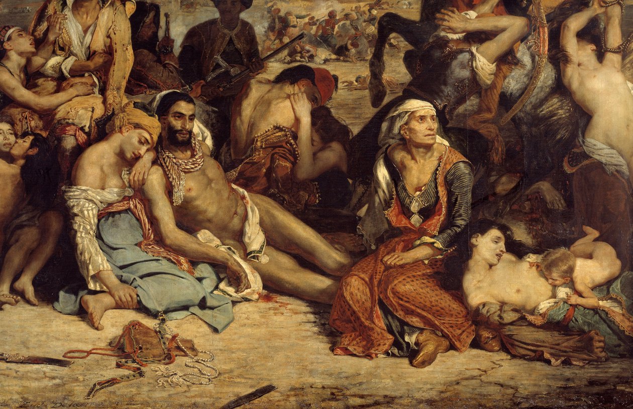 Masakry Scio. Scéna zobrazující řeckou válku za nezávislost proti Osmanům: řečtí civilisté čekající na smrt nebo otroctví. Detail. Obraz Eugene Delacroix (1798-1863) od Ferdinand Victor Eugene Delacroix