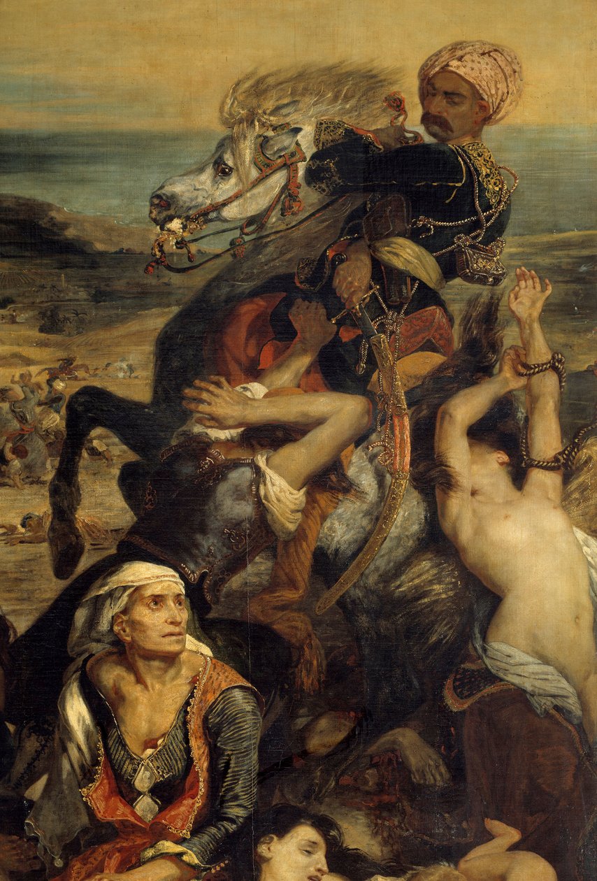 Masakry Scio. Scéna zobrazující řeckou válku za nezávislost proti Osmanům: řečtí civilisté čekající na smrt nebo otroctví, Detail. Obraz Eugene Delacroix (1798-1863) od Ferdinand Victor Eugene Delacroix