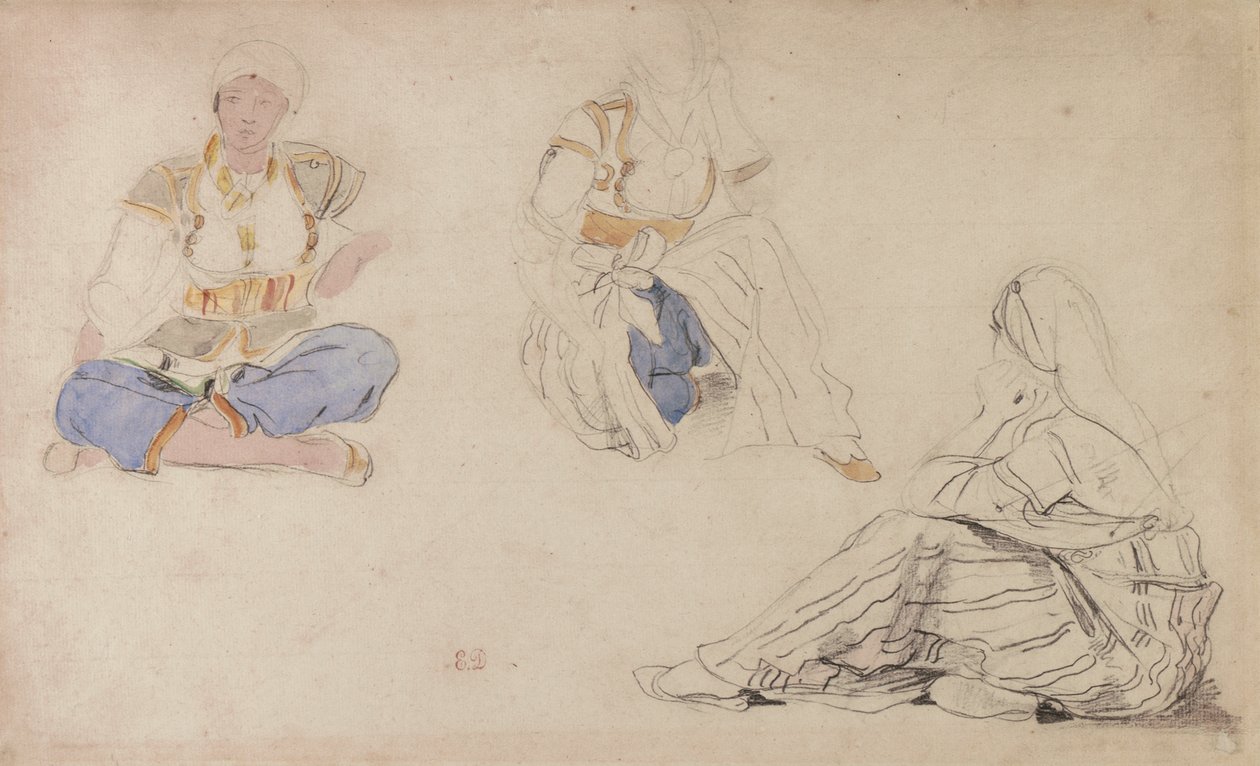 Tři studie sedící marocké dívky (černé olovo a akvarel na papíře) od Ferdinand Victor Eugene Delacroix