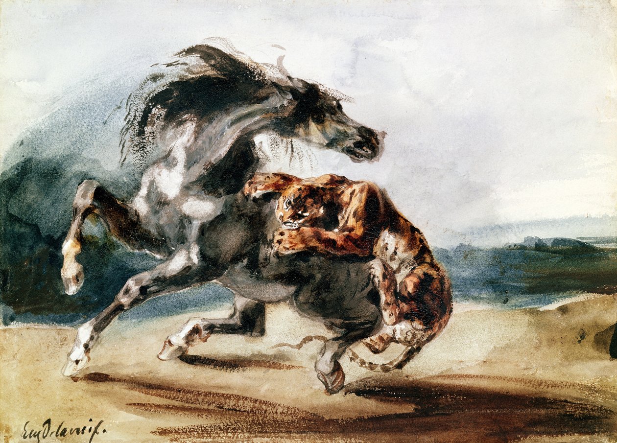 Tygr útočí na divokého koně (pero, inkoust a akvarel na papíře) od Ferdinand Victor Eugene Delacroix