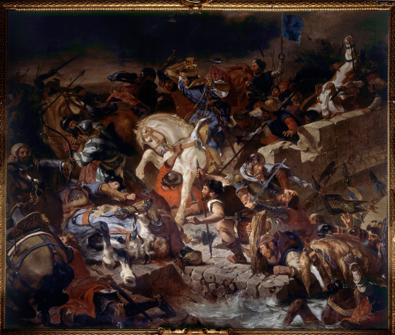 Pohled na bitvu u Taillebourgu, kterou vyhrál král Saint Louis dne 21. července 1242. Bitva mezi kapetovskými jednotkami francouzského krále Saint Louis a jejich vazalskými povstáními, Jindřichem III. anglickým a Hugem X. z Lusignanu. Obraz Eugene Delacroi od Ferdinand Victor Eugene Delacroix