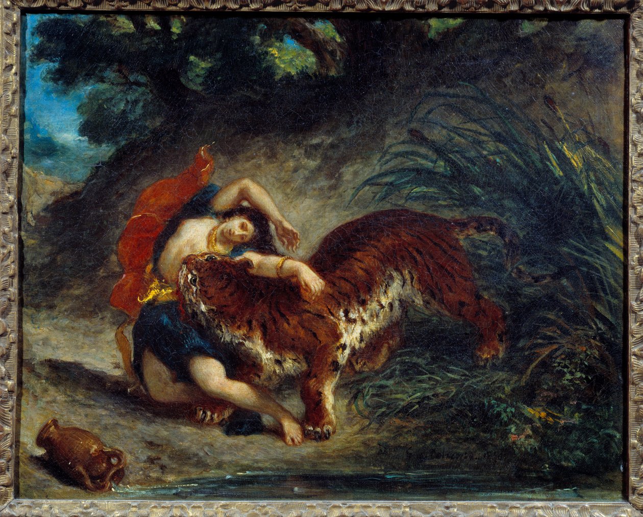 Mladá žena odvedena tygrem nebo indiánem kousnutým tygrem. Obraz Eugene Delacroix (1798-1863) od Ferdinand Victor Eugene Delacroix