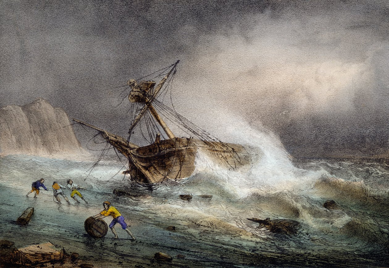 Brigantine stranded, Barevná litografie Ferdinand Perrot od Ferdinand Victor Perrot